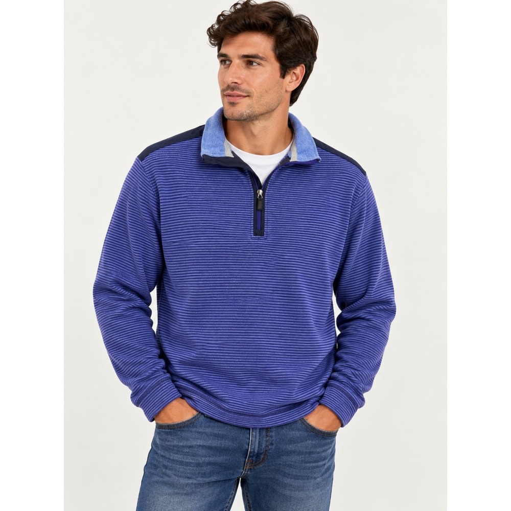 Bugatchi Quarter Zip Mens Size M Preppy Coastal Striped Cotton Blend Pullover